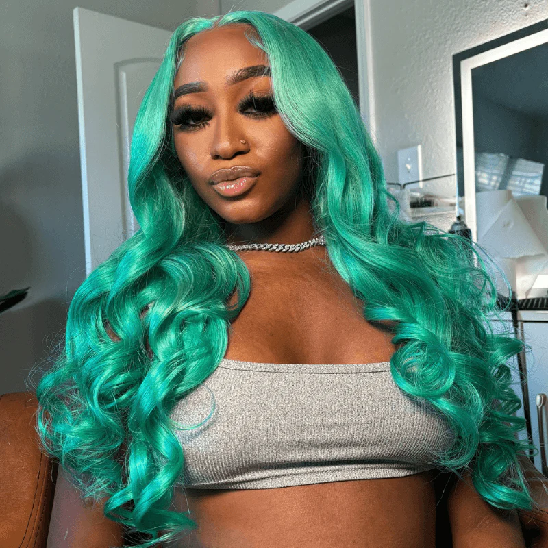 SZC Pastel Mint Green Color Body Wave Lace Front Virgin Human Hair Wig - Image 5