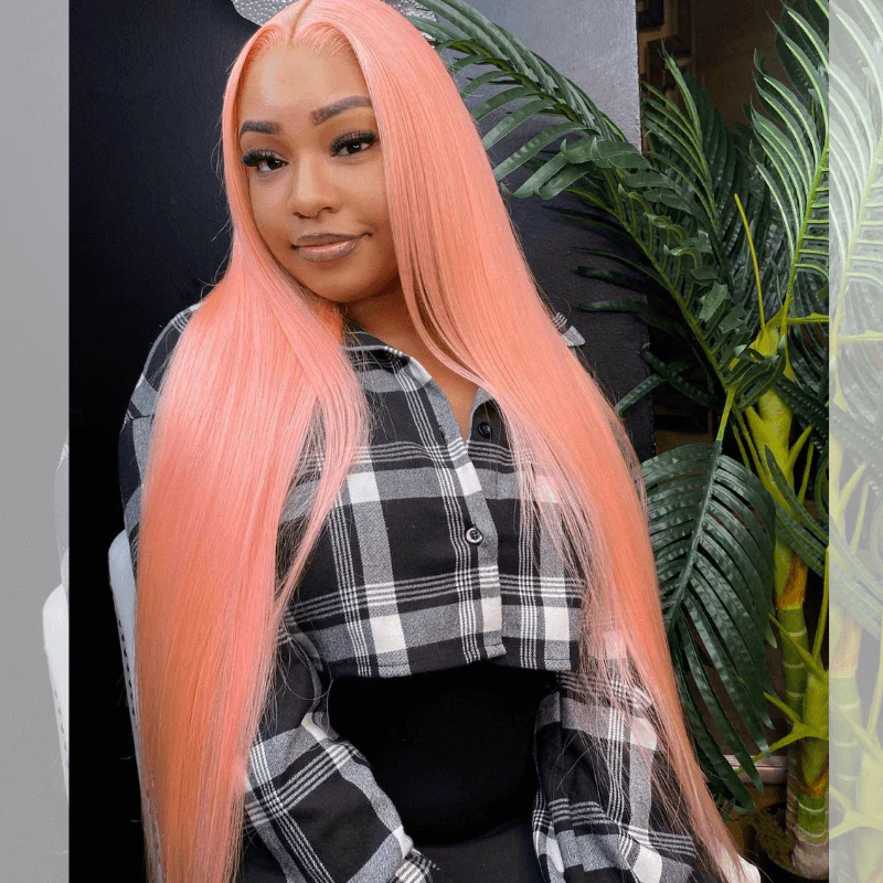 SZC Peach Pink 200 Density Bone Straight Lace Front Human Hair Weave Wig - Image 4