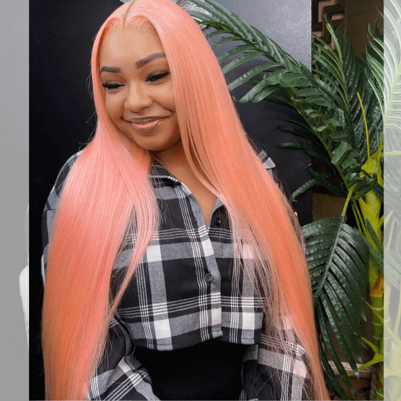 SZC Peach Pink 200 Density Bone Straight Lace Front Human Hair Weave Wig - Image 5