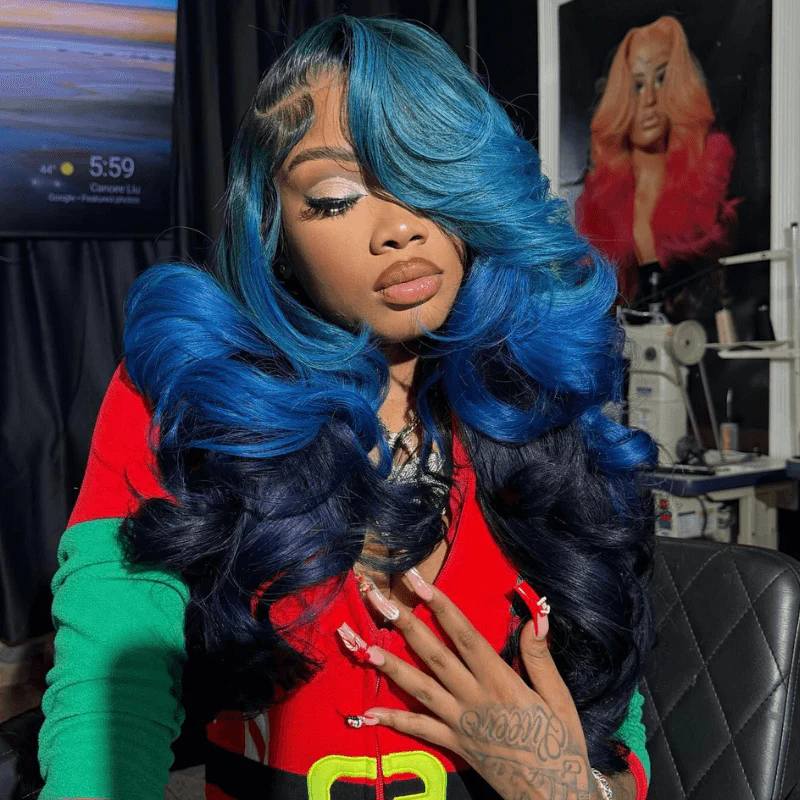 SZC Peekaboo Royal Midnight Blue Two Tones Color Lace Front Human Hair Wig - Image 3