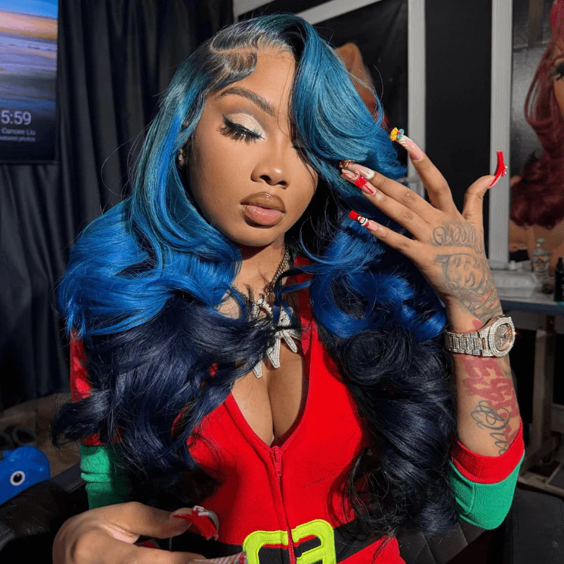 SZC Peekaboo Royal Midnight Blue Two Tones Color Lace Front Human Hair Wig - Image 4