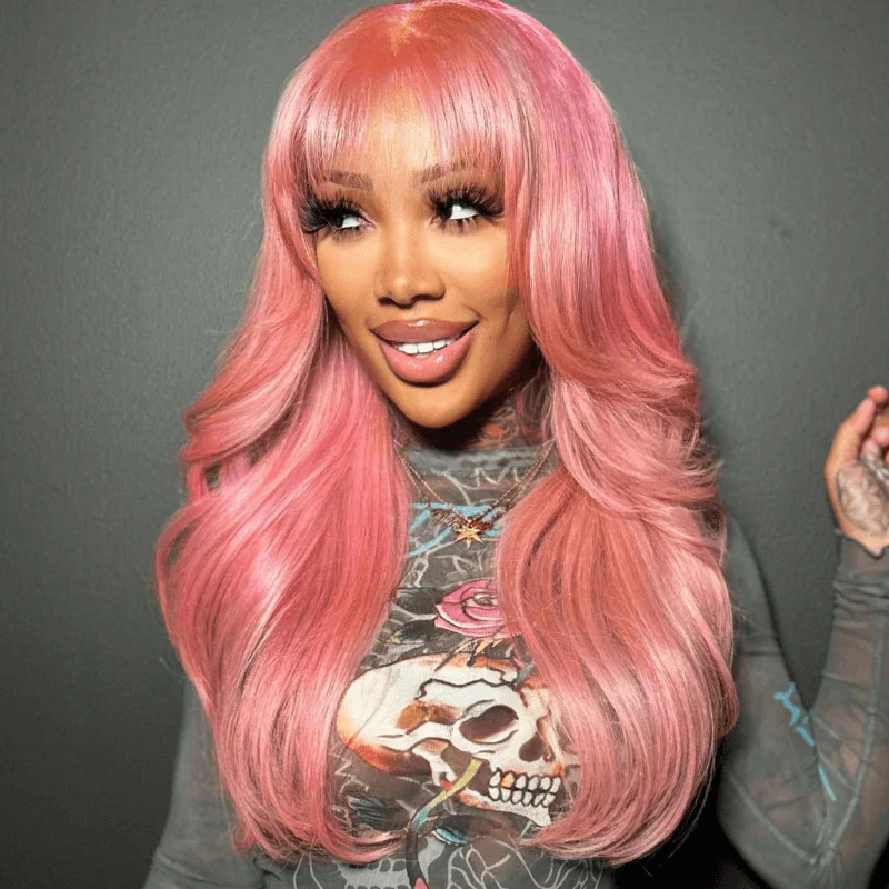 SZC Pink Color 13X4 Lace Front Body Wave Human Hair Wig With Bangs - Image 3