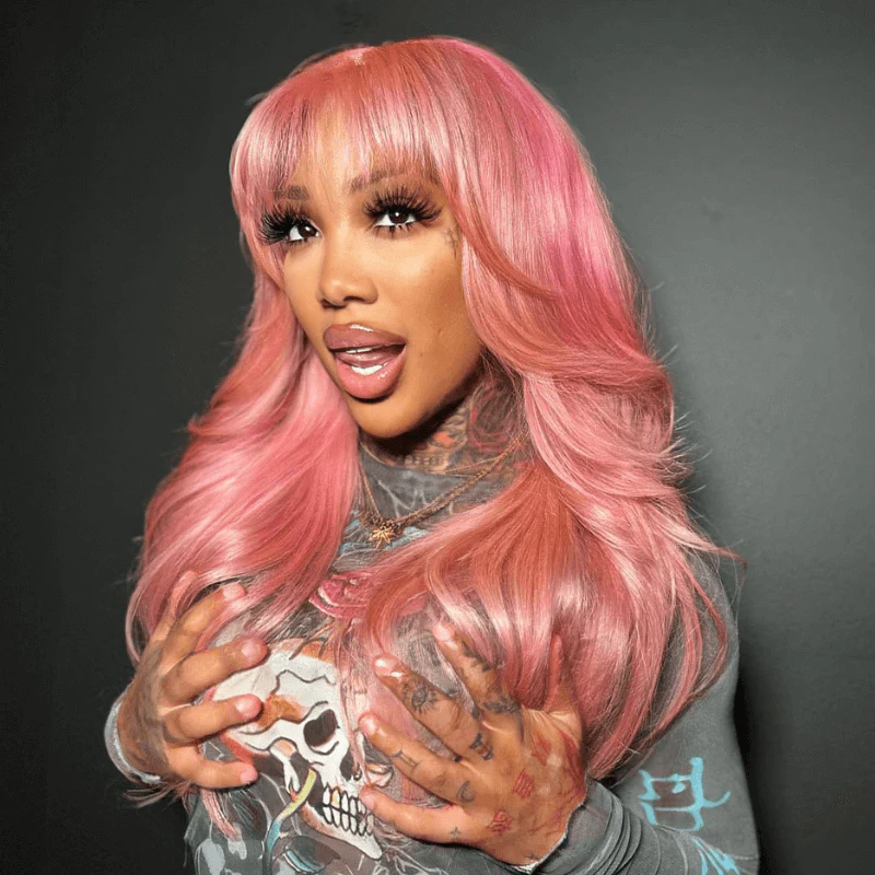 SZC Pink Color 13X4 Lace Front Body Wave Human Hair Wig With Bangs - Image 4