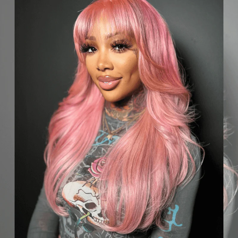 SZC Pink Color 13X4 Lace Front Body Wave Human Hair Wig With Bangs - Image 5