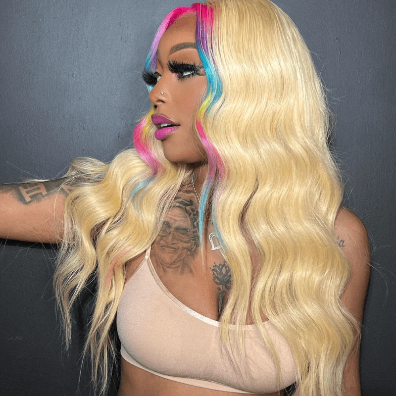 SZC Red Purple Green Yellow Pink Skunk Stripe Virgin Human hair Wigs - Image 4