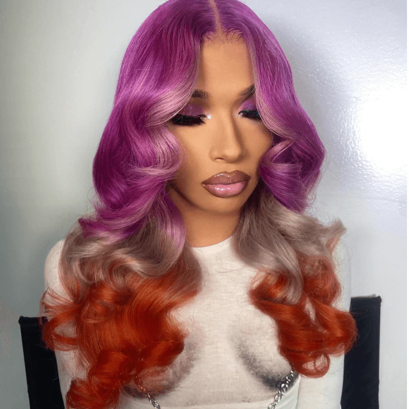 SZC Reverse Ombre Purple Gray Ginger Straight Body Wave Human Hair Wigs - Image 3