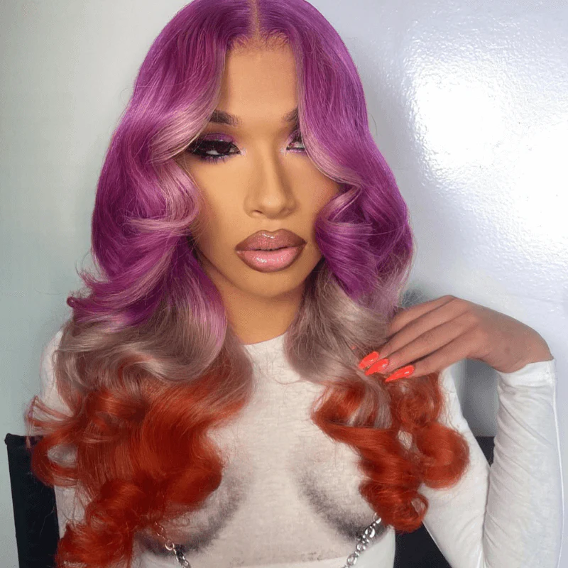 SZC Reverse Ombre Purple Gray Ginger Straight Body Wave Human Hair Wigs - Image 4