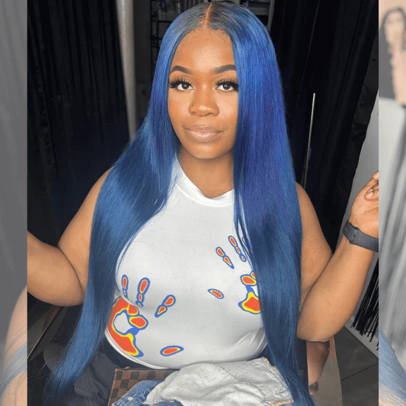 SZC Royal Midnight Blue 13x4 Lace Front Human Hair Wig With Dark Roots - Image 3