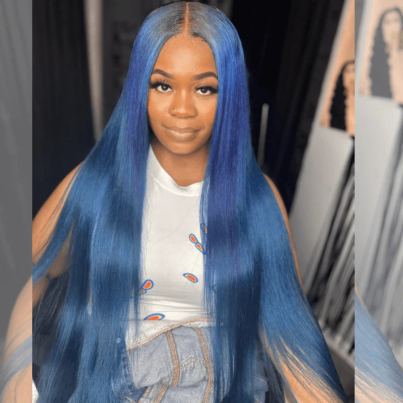 SZC Royal Midnight Blue 13x4 Lace Front Human Hair Wig With Dark Roots - Image 4