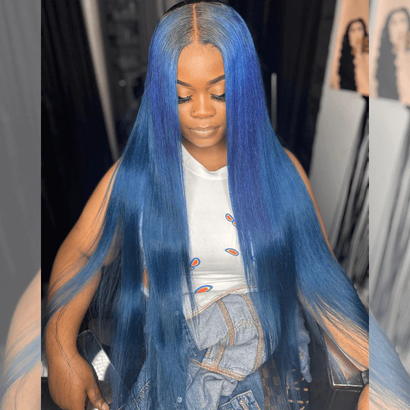 SZC Royal Midnight Blue 13x4 Lace Front Human Hair Wig With Dark Roots - Image 5