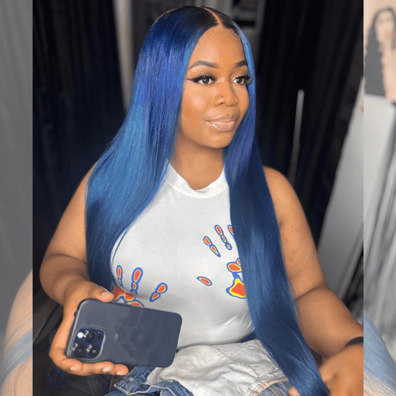 SZC Royal Midnight Blue 13x4 Lace Front Human Hair Wig With Dark Roots - Image 6