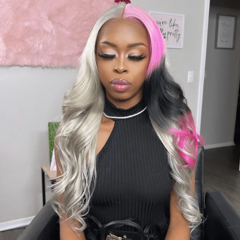 SZC Split Dye Half Gray Half Ombre Pink Red Black Lace Front Hair Wigs - Image 3