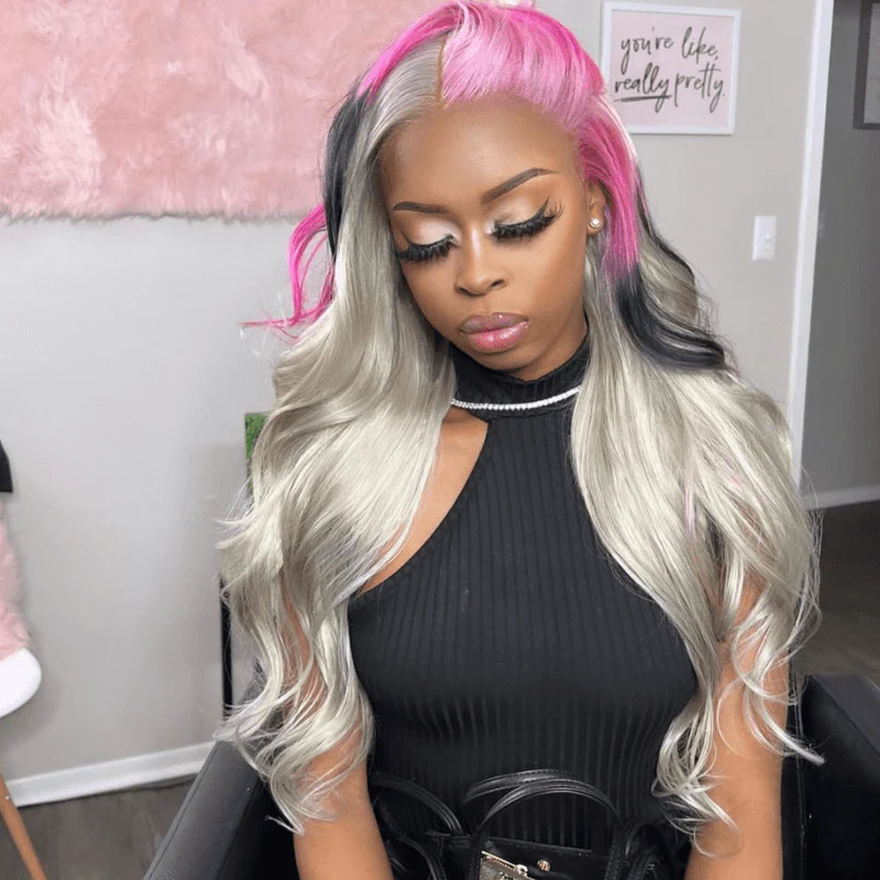 SZC Split Dye Half Gray Half Ombre Pink Red Black Lace Front Hair Wigs - Image 4