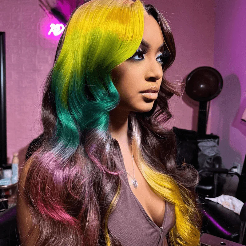 SZC Split Dye Ombre Yellow Green Red Brown Lace Front Human Hair Wigs - Image 3